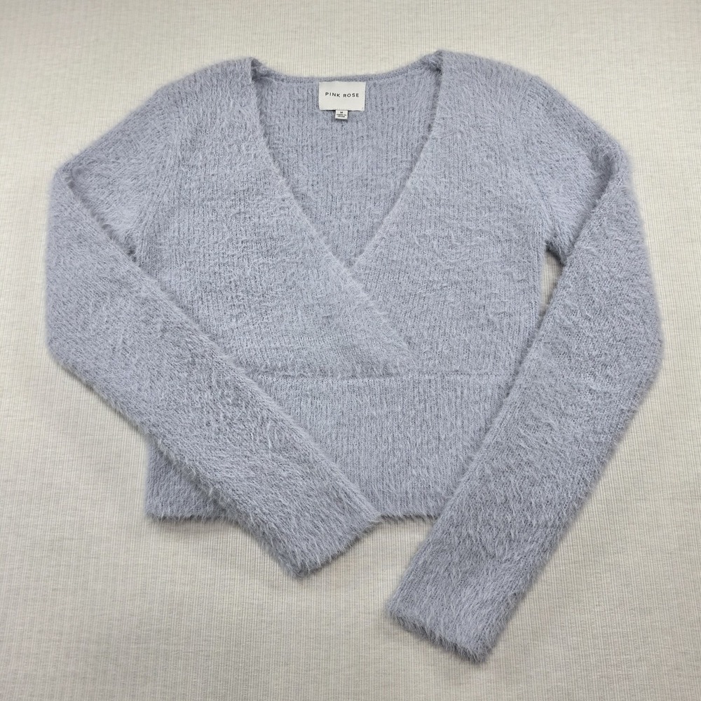 PINK ROSE Periwinkle Blue Fuzzy Knit Cross Front Sweater M Coquette Soft Girl